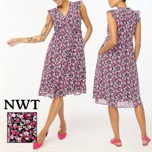 Preppy [J. Crew] Black & Pink Floral V-Neck NWT Ruffle Midi Dress + Pockets | 10